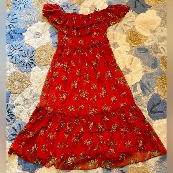 Zara Ruffled Off-Shoulder Warm Red Floral Crinkled Chiffon Tiered Midi Dress - Picture 7 of 8